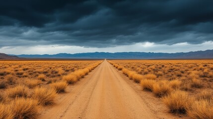 Abandoned desert road leading toward the Mexican border wall tumbleweeds blowing across the sand under a windy and overcast sky 