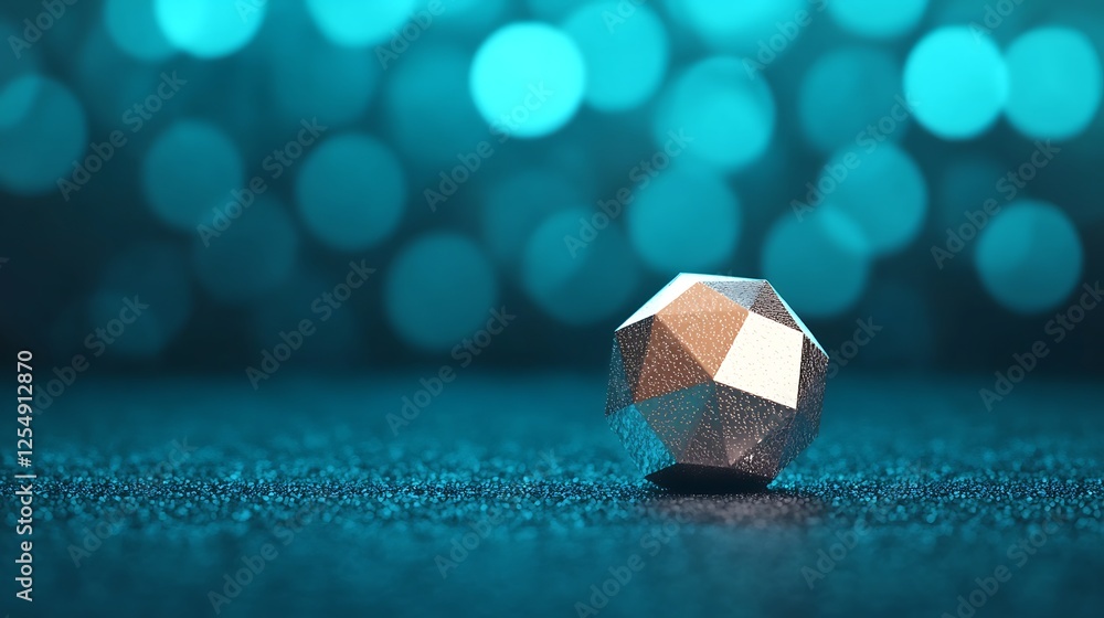 Poster a shiny, geometric metallic object rests on a textured surface, illuminated by a vibrant bokeh backg