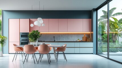 Empty dining table with chairs in a modern pastel-themed kitchen, sleek and stylish design, spacious and bright atmosphere