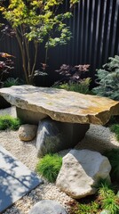 Obraz premium Stone garden table surrounded by plants and decorative rocks in a serene outdoor setting