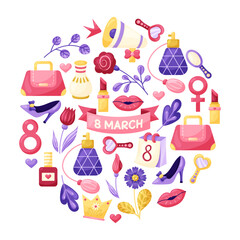 March 8 Women's Day round Illustration Set. Elements for design on white background. Isolated vector illustration.