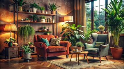 Vintage Cozy Living Room: Vibrant Colors, Plants, Stylish Chair - Retro Home Decor