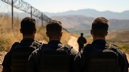 Border patrol agents detaining a group of exhausted migrants near a barbed wire fence in the desert under the blazing sun 