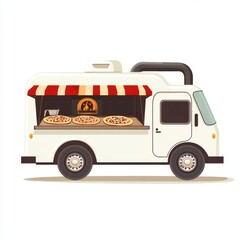 White pizza food truck with oven, pizzas, and awning parked against a white background for menu design