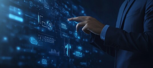 Businessman interacting with a holographic interface displaying data visualizations.