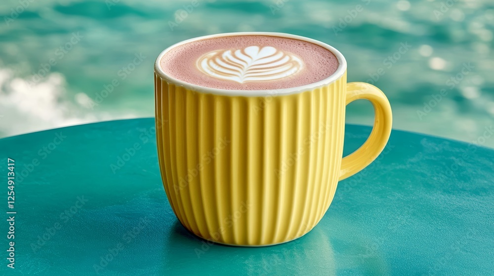 Poster cappuccino with a cocoa dusted design sitting on a cafe table overlooking the amalfi coast waves cra