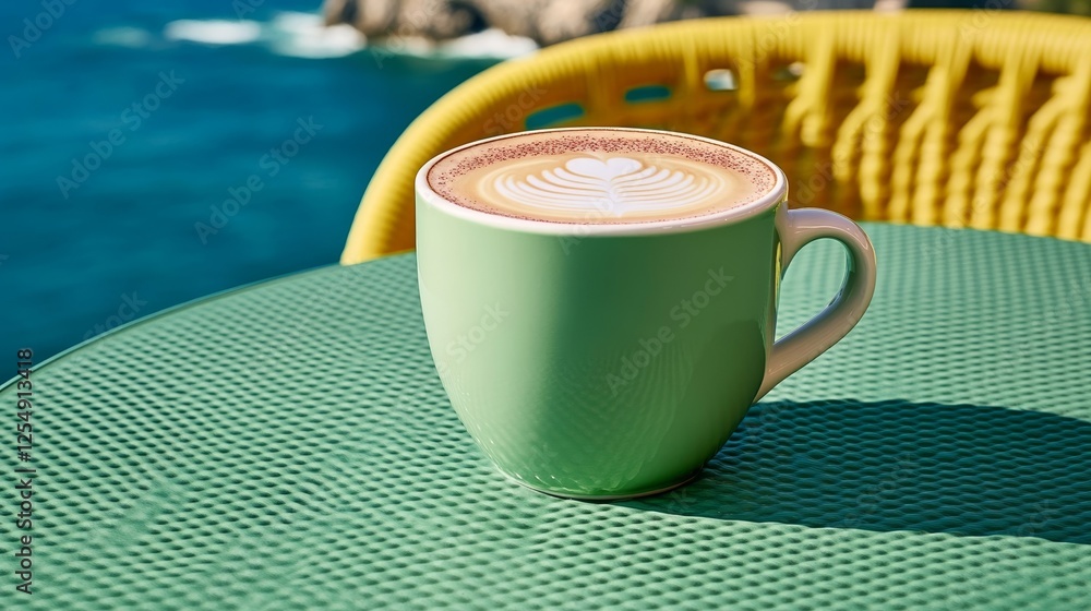 Poster cappuccino with a cocoa dusted design sitting on a cafe table overlooking the amalfi coast waves cra