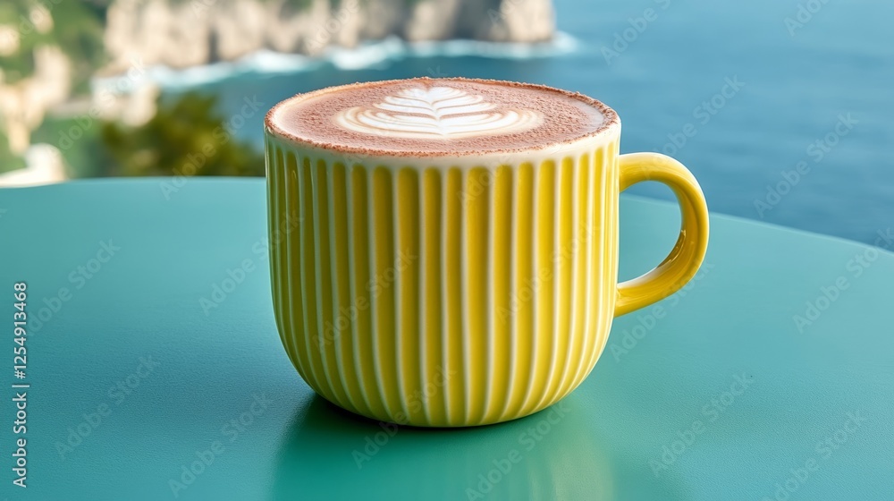 Poster cappuccino with a cocoa dusted design sitting on a cafe table overlooking the amalfi coast waves cra