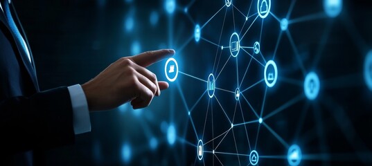 Businessman interacting with a digital network interface.