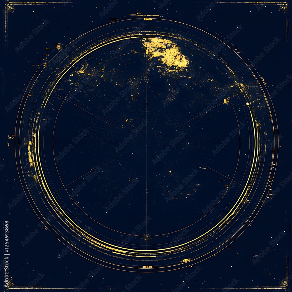 Poster celestial navigation chart spherical projection astronavigation world gold on navy background square