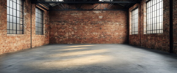 Empty space, loft event warehouse of red bricks and black iron.