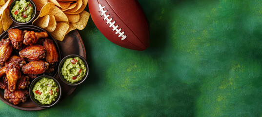 Overhead view of an American football with snacks for the match