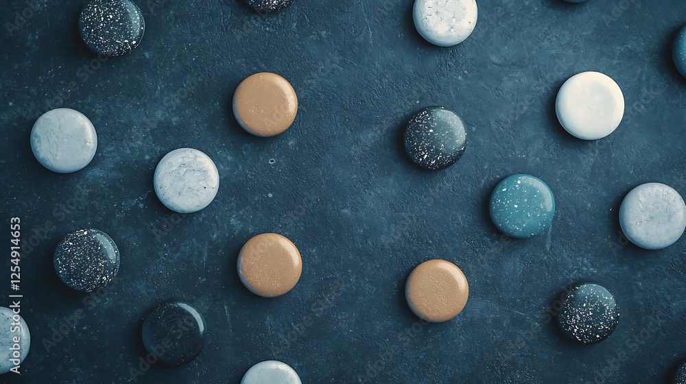 Poster a flat lay of colorful circular stones arranged in a geometric pattern on a dark surface, showcasing