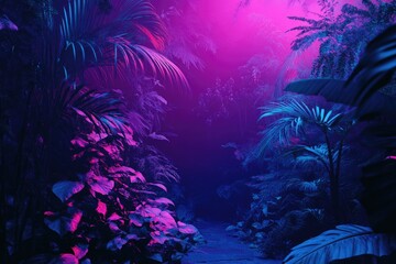 A neon - colored, futuristic interpretation of an overgrown, chaotic garden