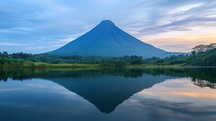 Volcanic mountain reflected in calm waters during the soft morning light