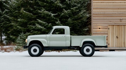Fototapeta premium Elegant Classic American pickup truck parked next to a rustic Canadian lodge surrounded by snow covered pine trees under soft evening light 