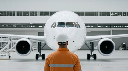 Fototapeta premium Elegant Cleaning crew polishing airplane windows from the outside with industrial equipment and scaffolding on a clear day at an airport maintenance area 