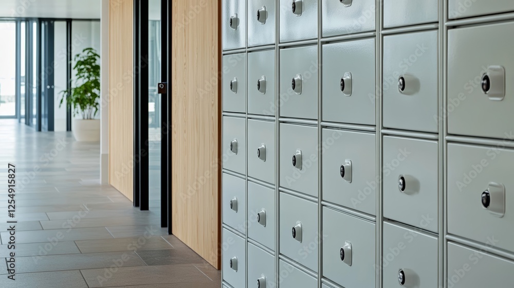 Aufkleber elegant combination lock close up on a safe deposit box wall with surrounding compartments reflectin