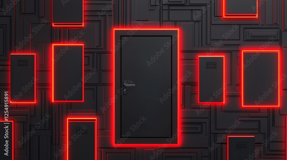 Poster a sleek black wall features a central illuminated door framed in red, surrounded by various empty re