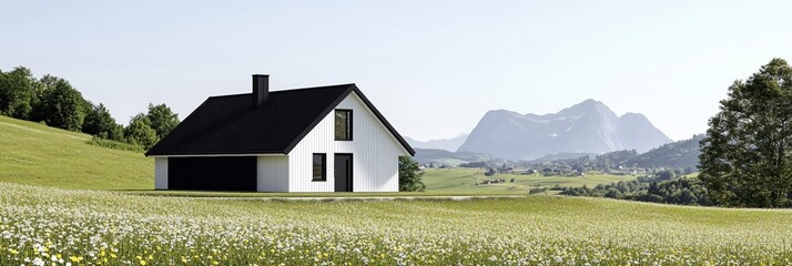 Naklejka premium Elegant Cozy wooden cabin surrounded by blooming wildflowers and lush green hills under a clear blue sky perfect for a spring getaway 