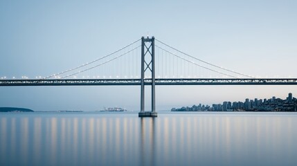 Fototapeta premium Elegant Cross border bridge between the USA and Canada lit with soft evening lights reflecting in the water below with a backdrop of city skylines 