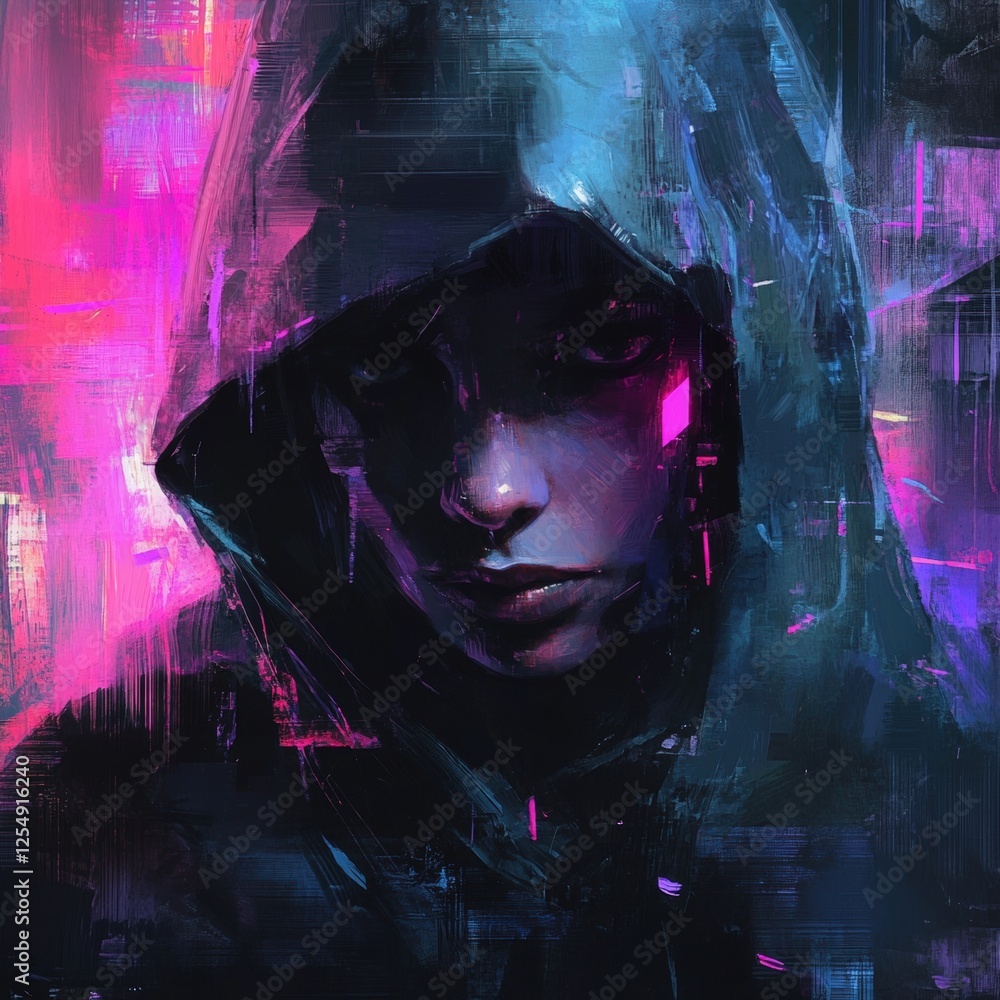 Poster mysterious urban portrait in neon colors with abstract digital art elements: a visually striking dep