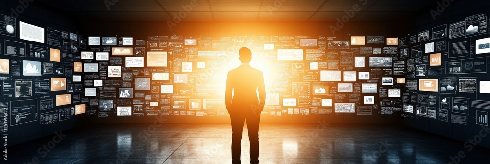 Aufkleber man surrounded by digital screens in a futuristic space, emphasizing technology, innovation, and com