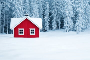 Naklejka premium Cozy Red Cabin in Snowy Winter Forest Landscape with Frosty Trees