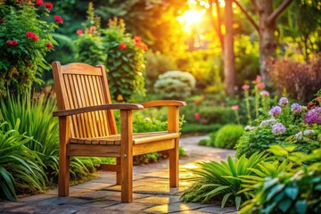 Obraz premium Wooden Garden Chair, Rustic Garden Furniture, Outdoor Seating, Beautiful Garden Design, Relaxing Garden Scene, Rule of Thirds Photography