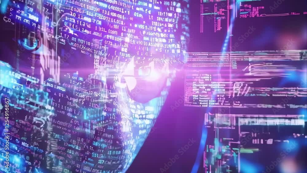 Poster a digital figure with a hood surrounded by glowing code and data, representing themes of technology 