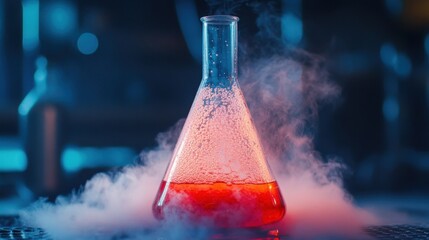 Bubbling Red Solution in Laboratory Flask