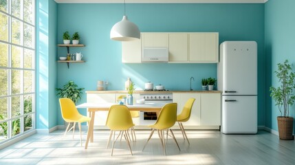 Empty dining table with chairs in a modern pastel-themed kitchen, sleek and stylish design, spacious and bright atmosphere