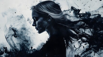 A black and white ink painting of the silhouette of an elegant woman
