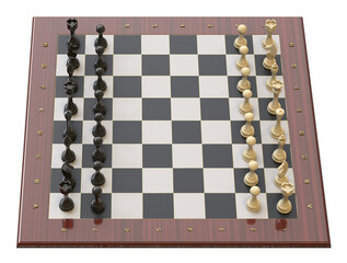 Chess figures on a chessboard in the initial position. Transparent background. Isolated. 3D Render.
