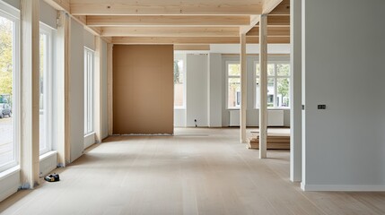 Fototapeta premium Elegant Open floor plan under renovation with construction materials like plywood drywall and power tools scattered under beams of natural light 
