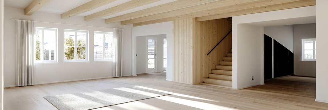 Elegant Open floor plan under renovation with construction materials like plywood drywall and power tools scattered under beams of natural light 
