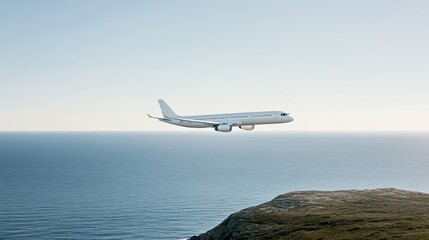 Elegant Row of budget airline seats with folded tray tables and window views of the ocean creating a minimalist and affordable travel vibe 