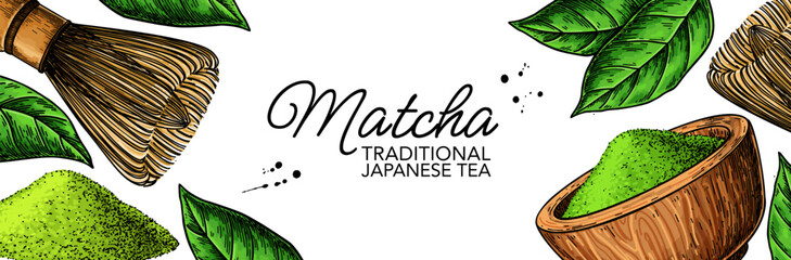 Matcha tea label. Vector drawing banner. Bowl with matcha powder, green tea leaves, and bamboo whisk 