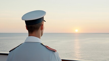 Fototapeta premium Elegant Sailor standing on a ships deck staring into the horizon with calm ocean waters and a glowing sunset emphasizing duty and sacrifice 