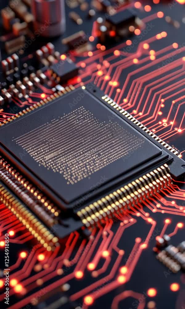 Poster a close up of a computer chip with the word 