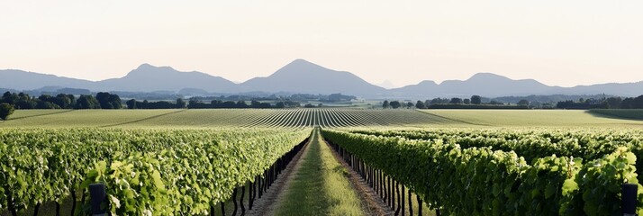 Elegant Sunrise over a vineyard in spring with dewy grapevines picnic baskets and wine tastings creating a serene vacation atmosphere 
