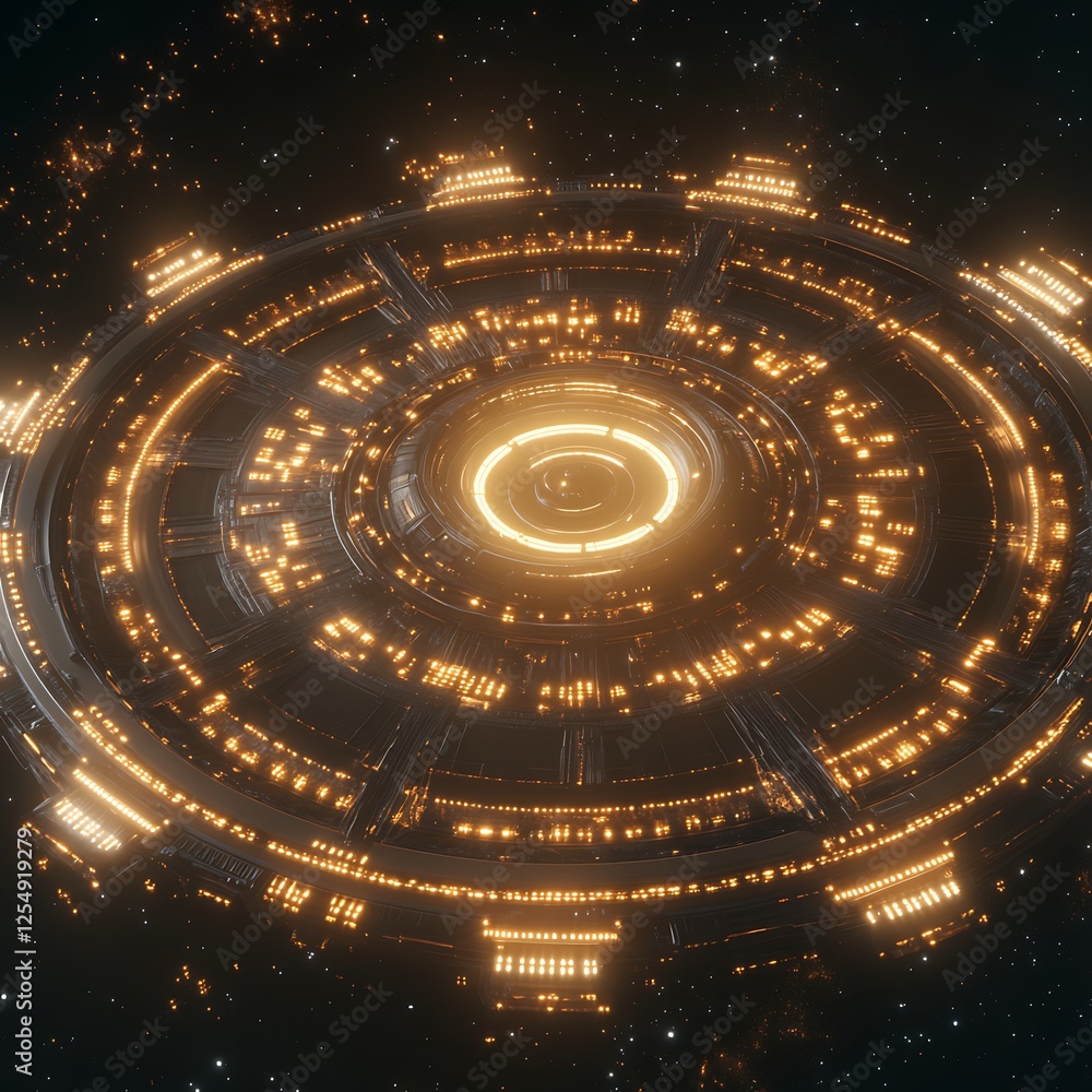 Poster circular artificial structure in space with light emitting components futuristic design sci fi eleme