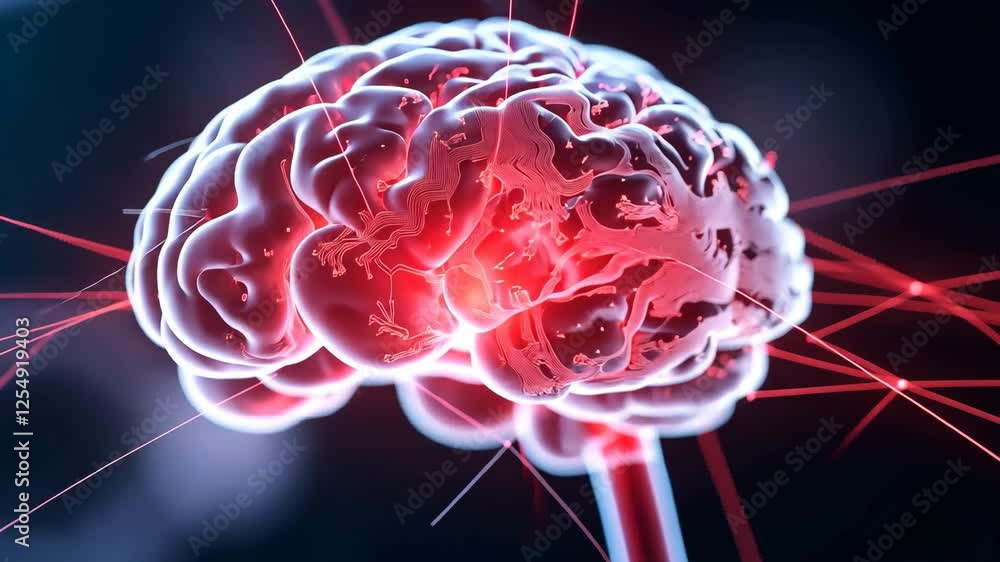 Aufkleber a brain with red and blue lines is shown. the brain is surrounded by a web of lines, which gives it 