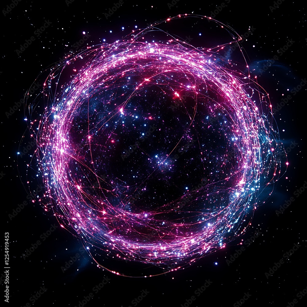 Poster circular cosmic network of connected glowing stars creating a galaxy map visual display