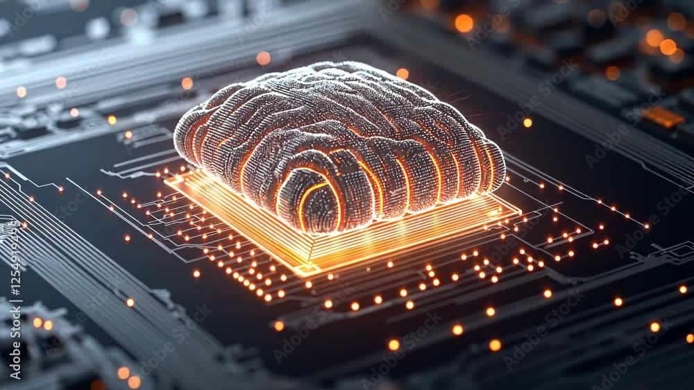 Poster a computer chip with a brain on it. the chip is glowing with a bright orange light. concept of techn