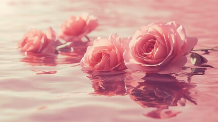 Pink roses floating on pastel pink water. Romantic retro-inspired design for Valentine's or Mother's Day. 