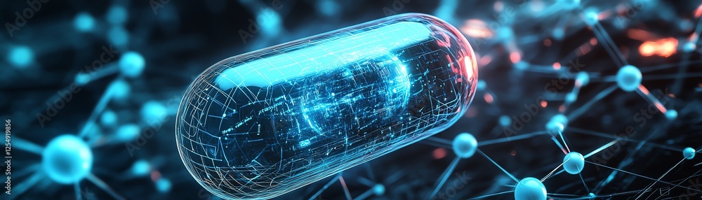 Poster closeup of a pill surrounded by a dynamic atomic grid, glowing with futuristic patterns and digital 