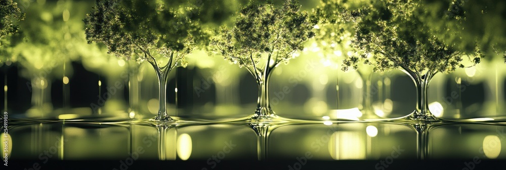 Fototapete exploring a mesmerizing glass forest with abstract tree shapes and glowing reflections in a vibrant 