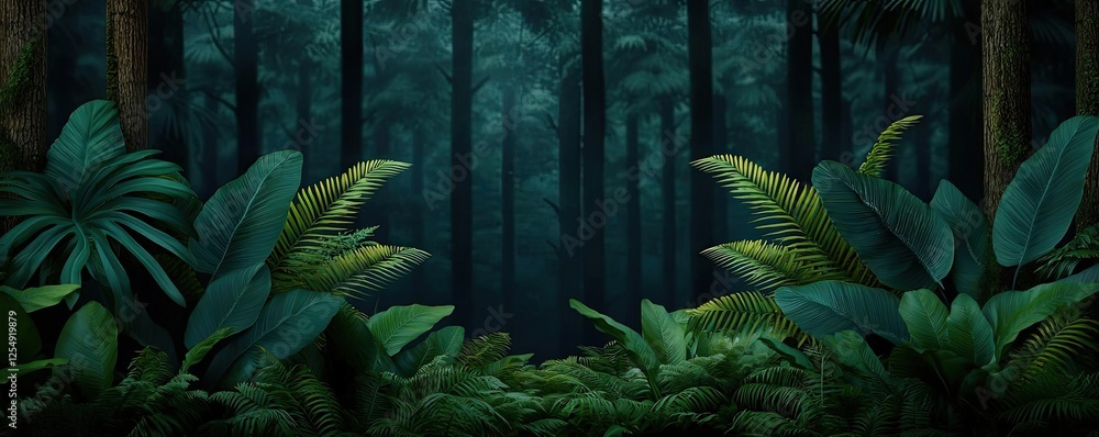 Poster glow forest idea. serene forest with lush greenery and distant trees, creating a tranquil nature sce