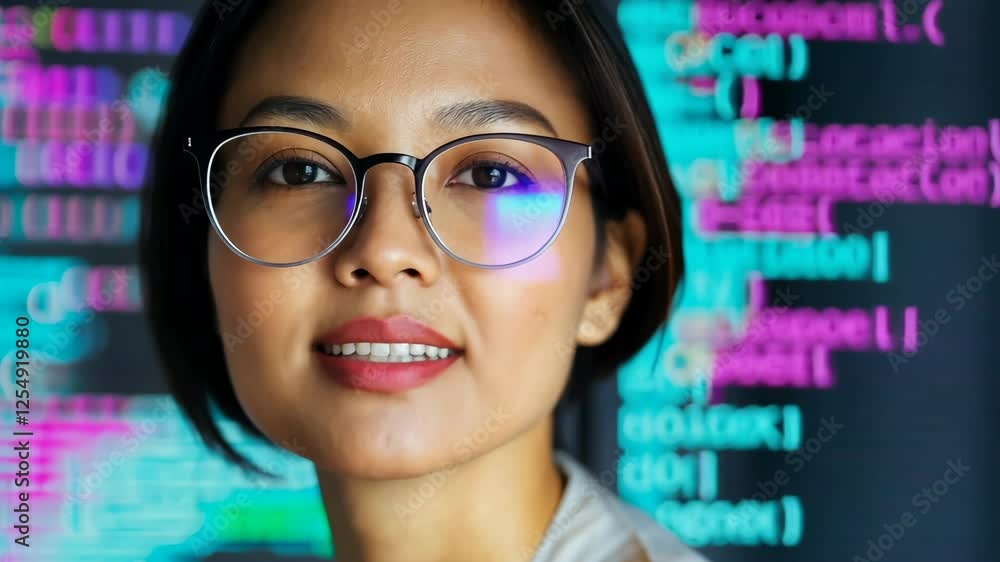 Poster a woman wearing glasses is looking at a computer screen with a lot of code on it. she is focused and